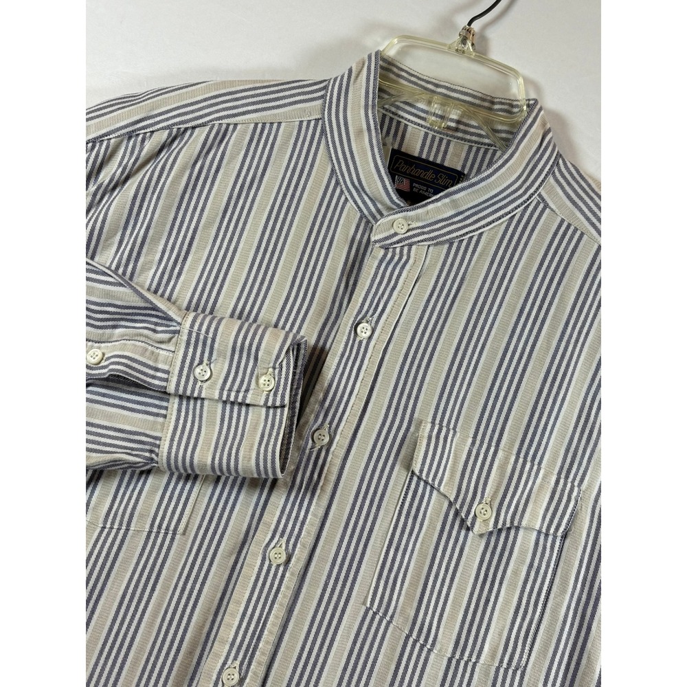 Panhandle Slim Mens Striped Band Collar Western Shirt Blue Tan 18-36